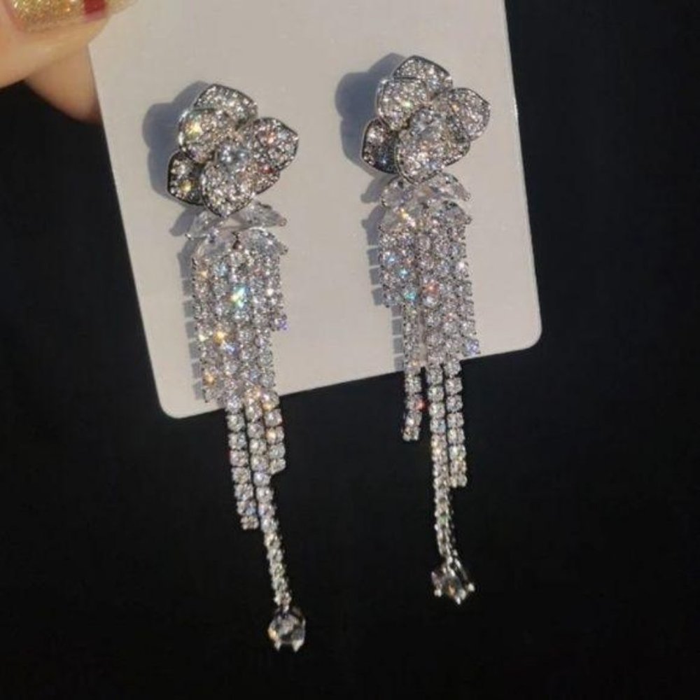 Crystals Rose Flower Long Short Tassels Earring